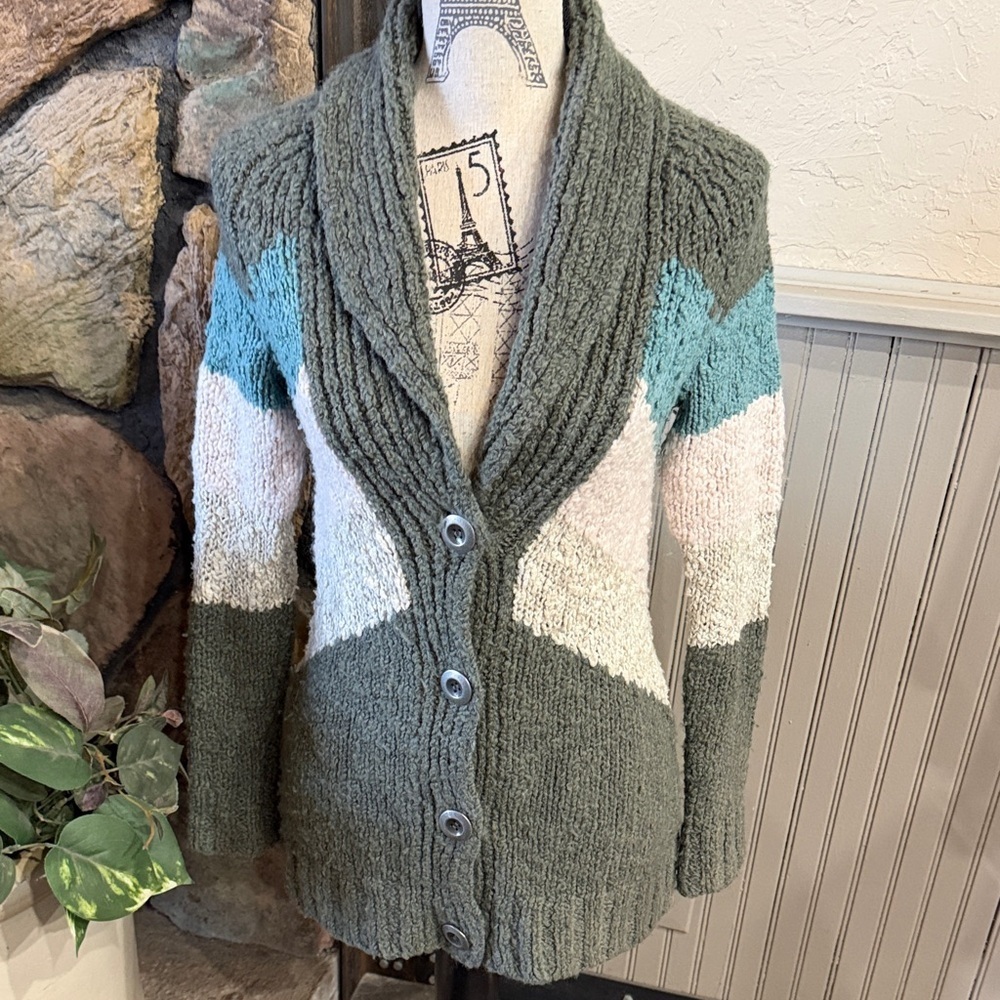 Free People Green and Blue Button-Up Cardigan